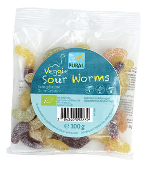 Pural Veggie Sour Worms Fruchtgummi ohne Gelatine 100g
